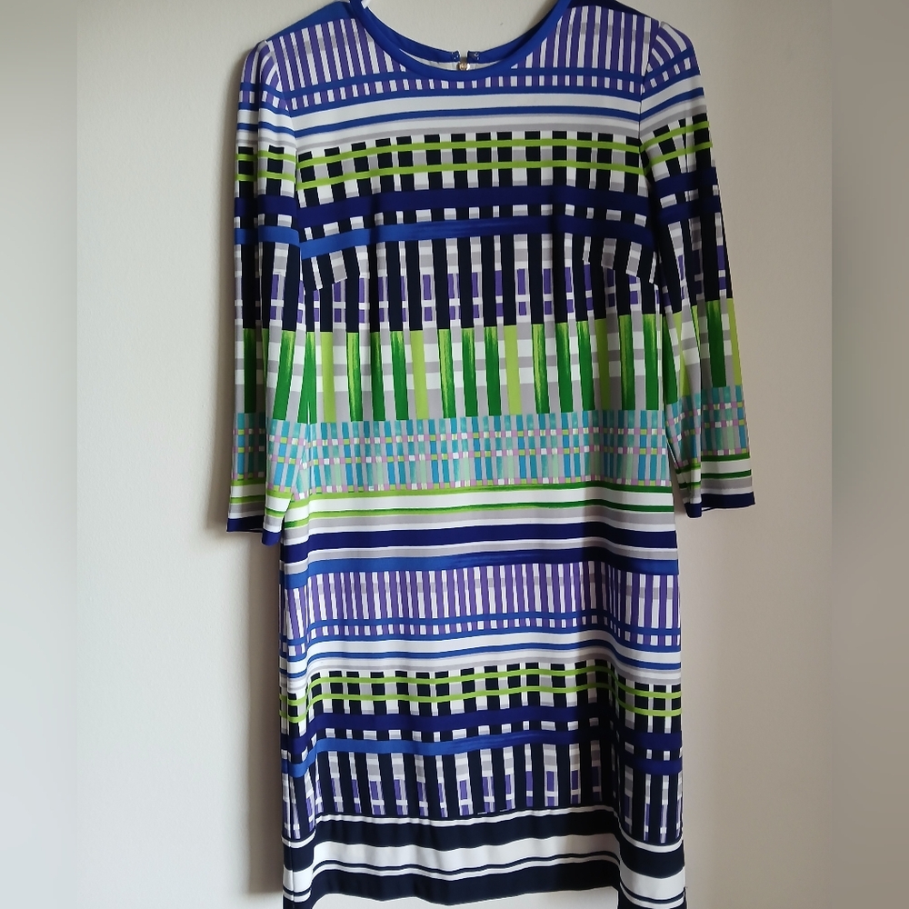 Eliza J Geometric Multicolor Print Shift Dress Crew 3/4 Sleeves Womens Size 4